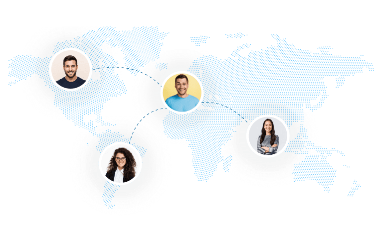 A world map connecting Moonfu Apps clients across continents