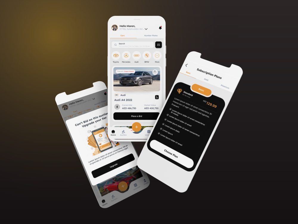 Auction app screens showing a live car listing, bid placement and subscription plans