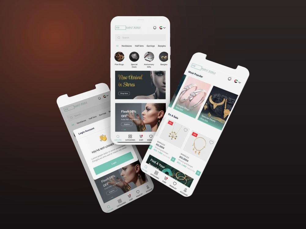 Jewelry ecommerce app screens showing categories, new arrivals and product listings