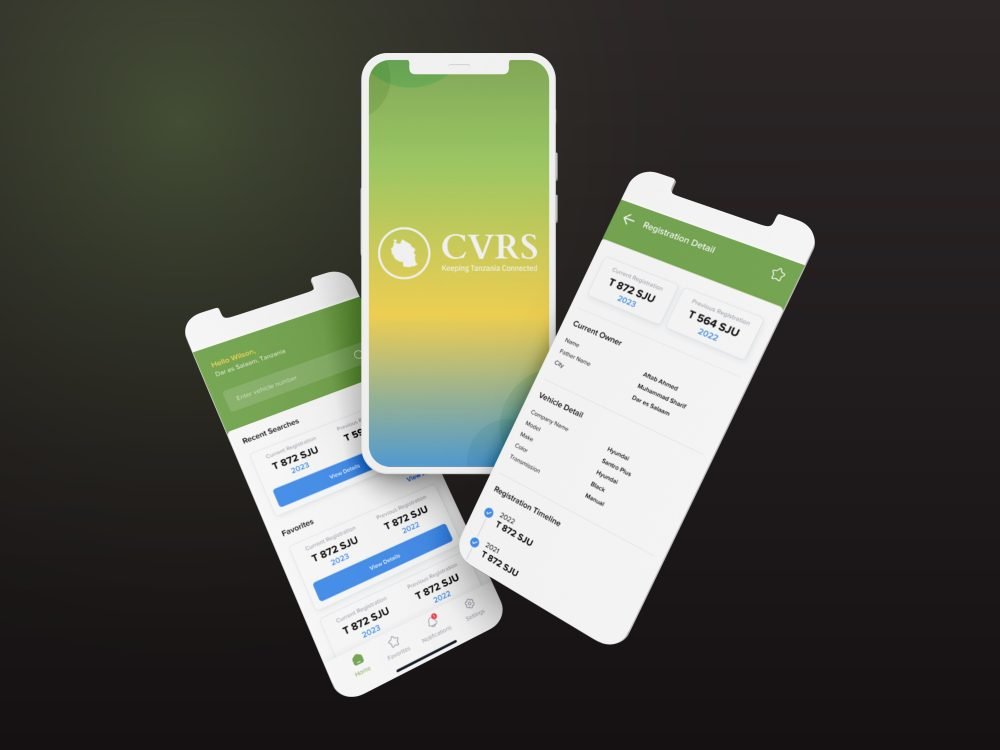 Mobile app screens showing sign-in, vehicle search and a detail view