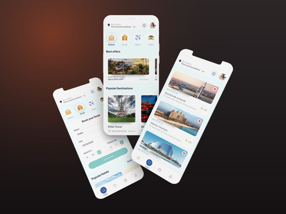Travel app screens showing destination discovery, hotel booking and saved stays